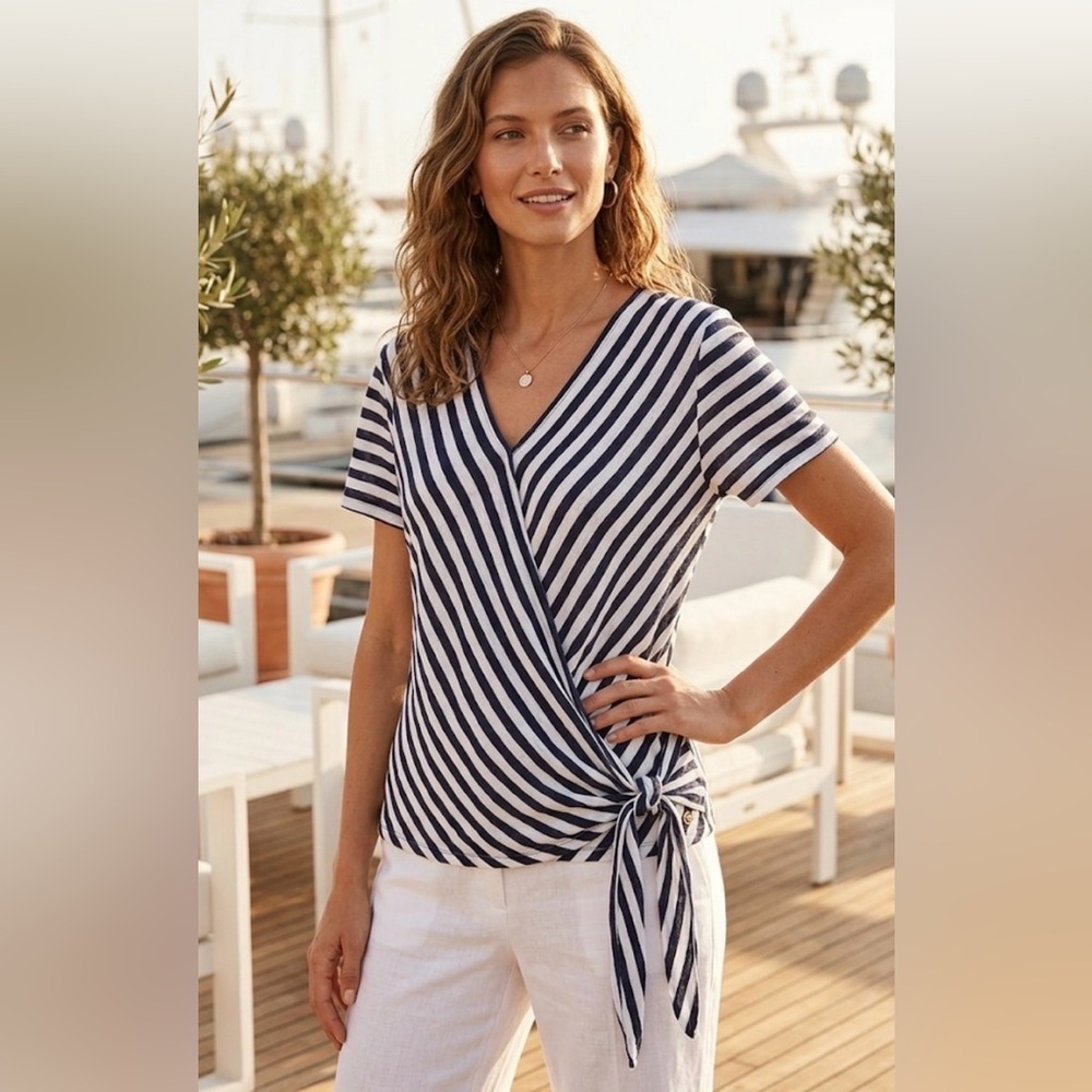 Michael Kors, Linen Blend, Navy and White Striped Wrap Top